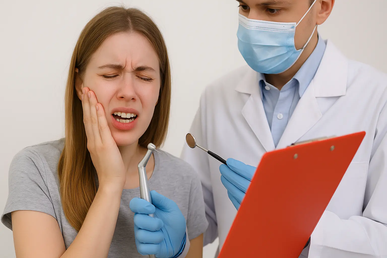 Emergency dentist in Flower Mound TX treating woman with severe toothache at Supreme Smiles Dentistry.